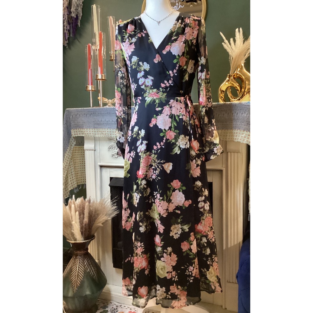 Vince Camuto Black Floral Chiffon Wrap Midi Dress Sheer Long Sleeve‎ XS